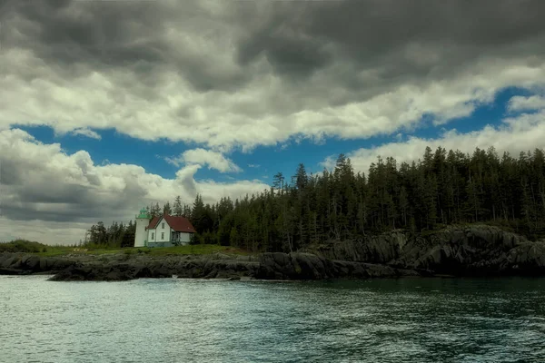 Lighthouse Rocky Island Overgrown Spruce Forest Coast Maine Usa — Stok fotoğraf