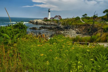 Deniz feneri manzaralı okyanus kıyısı. Maine 'in ünlü deniz feneri. ABD. Maine. Portland baş deniz feneri