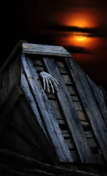 Halloween Celebration Wooden Coffin Skeleton Hand Dramatic Red Sunset — Zdjęcie stockowe