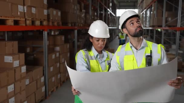 Logistiek managers bespreken magazijnplan — Stockvideo