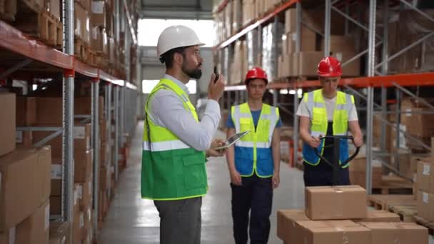 Logistics manager using walkie-talkie in warehouse — Stock Video