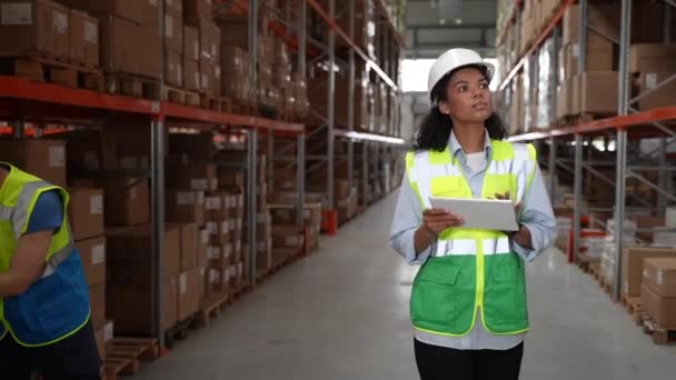 Mulher de raça mista fazendo inventário no armazém — Vídeo de Stock