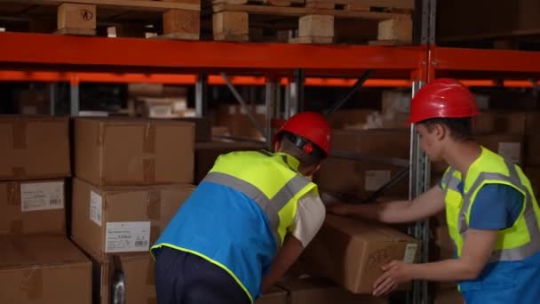 Работники склада обсуждают доставку во время прогулки — стоковое видео