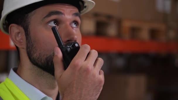 Працівник бородатого складу розмовляє про пікі-тулкі — стокове відео