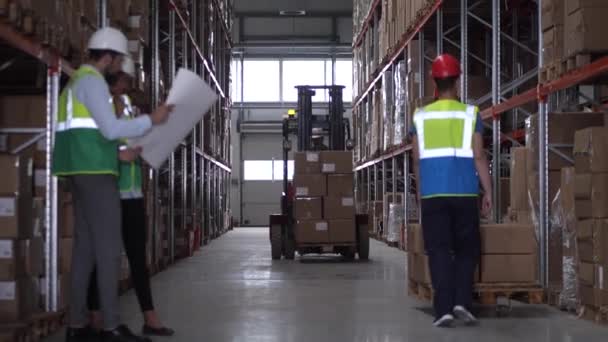 Diverse magazijnmedewerkers en machines tijdens het werk — Stockvideo
