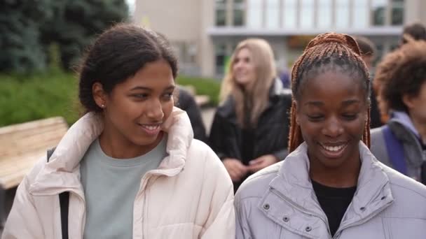 Adolescentes felices disfrutando charlando al aire libre después del estudio — Vídeo de stock