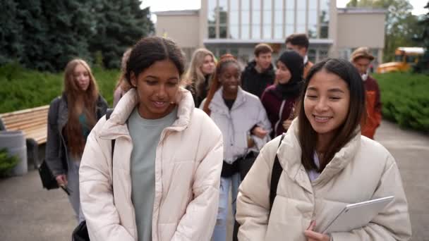 Okul parkında dolaşan neşeli çok ırklı öğrenciler. — Stok video