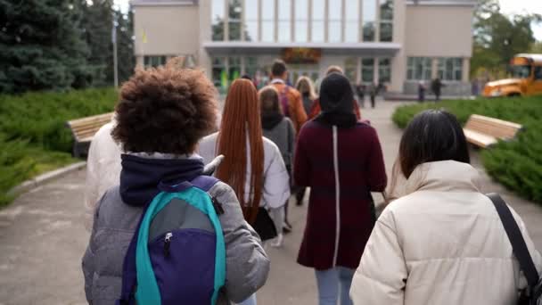 Gruppe multiethnischer Schüler zu Fuß zur Schule — Stockvideo