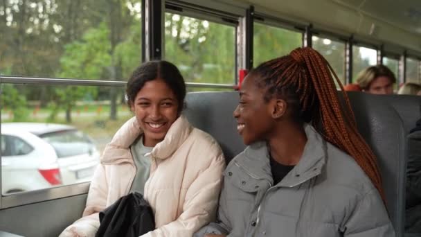 Multi-étnicos shoolchildren charlando en el autobús escolar — Vídeo de stock