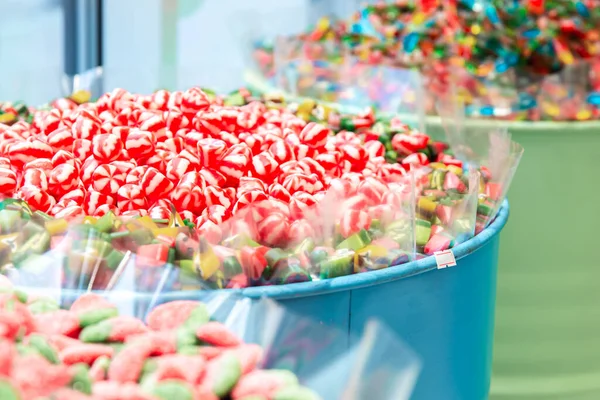 Candy Shop Window Showcase Different Types Sweets Big Box Fruit — Stock Photo, Image