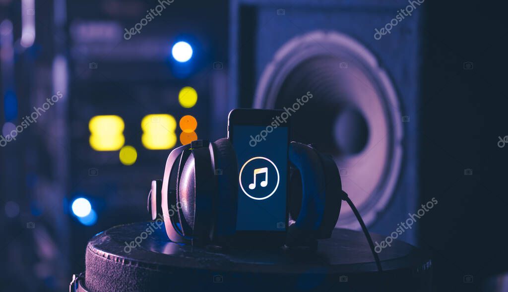 Music background with phone and with music icon, modern technology concept, listening to music.