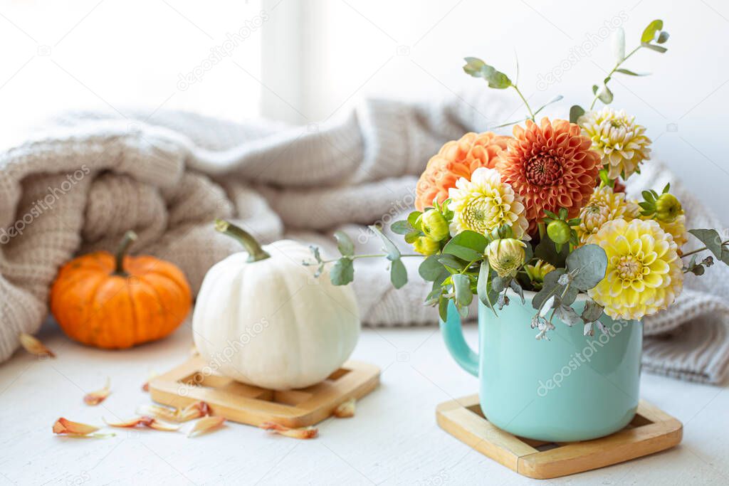 Spring composition with chrysanthemum flowers on a blurred background.