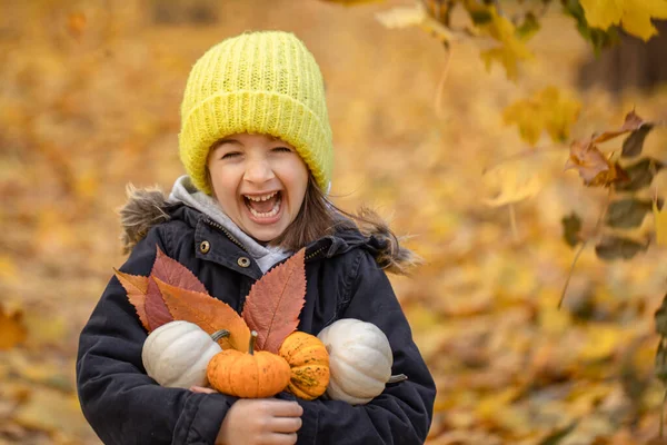 Mała zabawna dziewczyna z dyniami w jesiennym lesie na rozmytym tle. — Zdjęcie stockowe