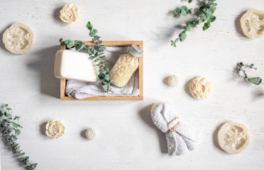 Beyaz arkaplan üzerinde uzanan spa bileşimi düz.