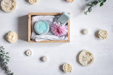 Beyaz arkaplan üzerinde uzanan spa bileşimi düz.