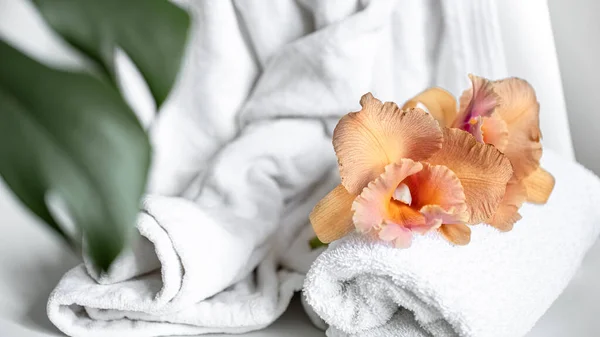 Spa összetétel fürdőtartozékokkal és thai orchidea virágokkal. — Stock Fotó
