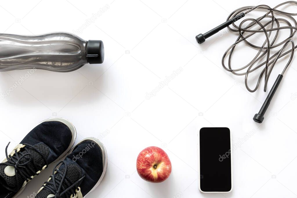 Sports equipment isolated on white, flat lay.