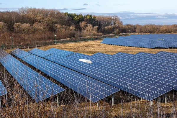 Elektrischer Bauernhof mit Paneelen zur Produktion sauberer ökologischer Energie. — Stockfoto