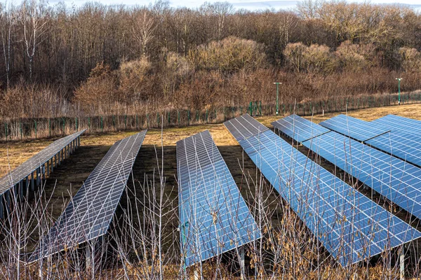 Elektrischer Bauernhof mit Paneelen zur Produktion sauberer ökologischer Energie. — Stockfoto