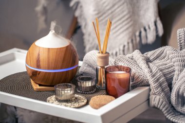 Evin içinde aroma yayıcı ve mum bulunan rahat bir kompozisyon..