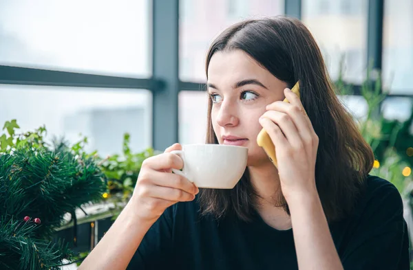 Mujer joven hablando por teléfono mientras está sentada junto a la ventana en un café. — Foto de Stock