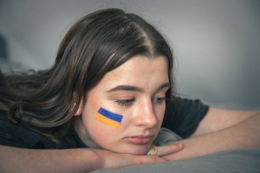 Yüzünde Ukrayna bayrağı olan Ukraynalı bir kız..