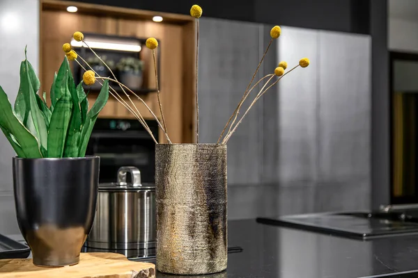 Dekoracyjny błyszczący wazon we wnętrzu nowoczesnej kuchni. — Zdjęcie stockowe