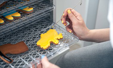 Bir kadın pastacı Ukrayna şeklinde zencefilli ekmek yapıyor, barış kavramı, savaş yok, Ukrayna 'ya destek.