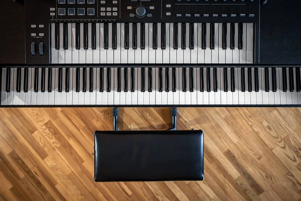 Piano keys, top view, musicians workplace, concert.