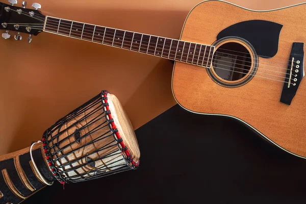 Flat Lay Music Background Acoustic Guitar Concept Musical Creative — Stock Photo, Image