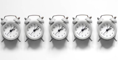 Beyaz zemin üzerindeki alarm saatleri izole, düz yatay, siyah beyaz fotoğraf, kavramsal minimalizm.