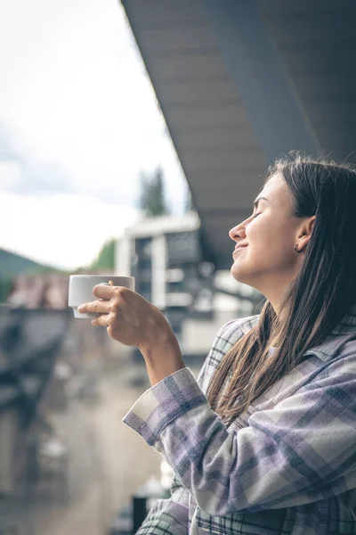 Woman Drinking Coffee Balcony Morning Copy Space — Foto de Stock