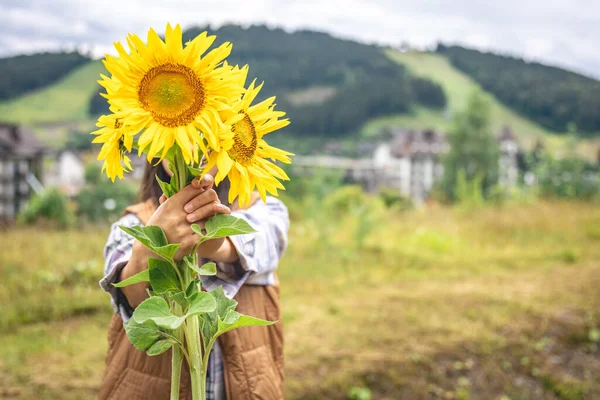 Woman Bouquet Sunflowers Nature Mountains Copy Space — Stockfoto