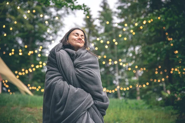 Young Woman Wrapped Blanket Forest Blurred Background Bokeh Copy Space — Stockfoto