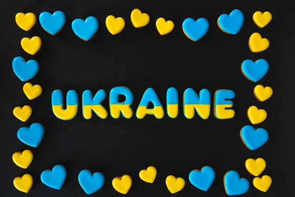 Word Ukraine Black Background Made Handmade Gingerbread War Concept Flat — ストック写真