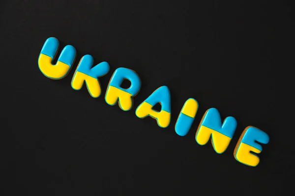 Word Ukraine Black Background Made Handmade Gingerbread War Concept Flat — Φωτογραφία Αρχείου