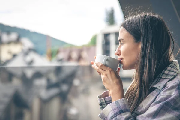 Woman Drinking Coffee Balcony Morning Copy Space — Foto de Stock