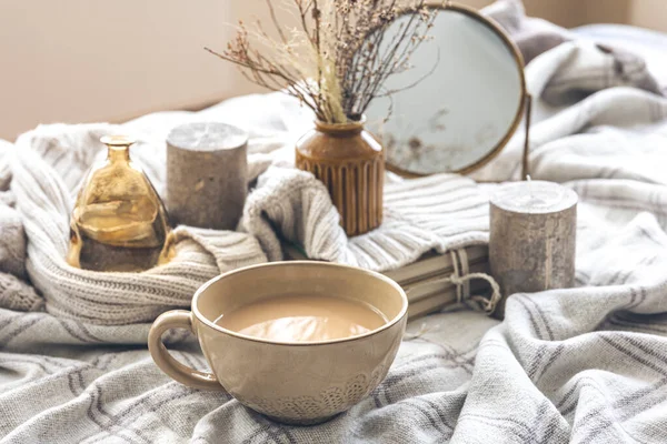 Cozy Autumn Composition Cup Coffee Mirror Candles Bed — Fotografia de Stock