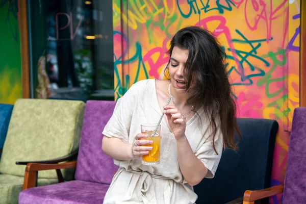 Happy Young Woman Glass Lemonade Background Bright Painted Wall Girl — Foto de Stock