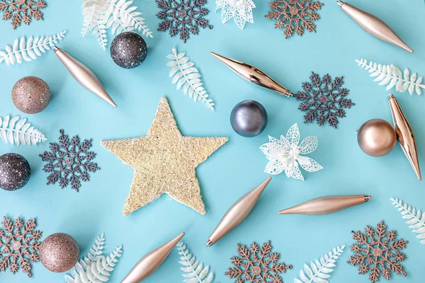 Flat Lay Christmas Toys Decor Details Blue Background — Fotografia de Stock