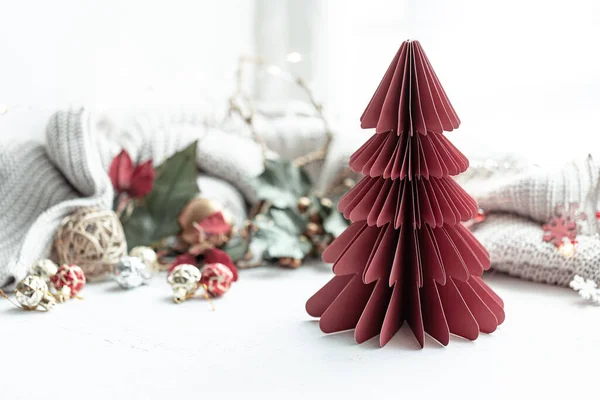 Cozy Winter Composition Cardboard Decorative Christmas Tree Blurred Background Decor — 图库照片