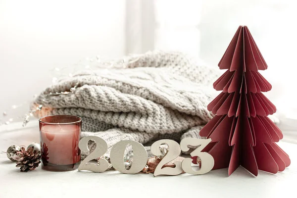 Cozy Winter Composition Wooden Numbers 2023 Candles Knitted Element — 图库照片