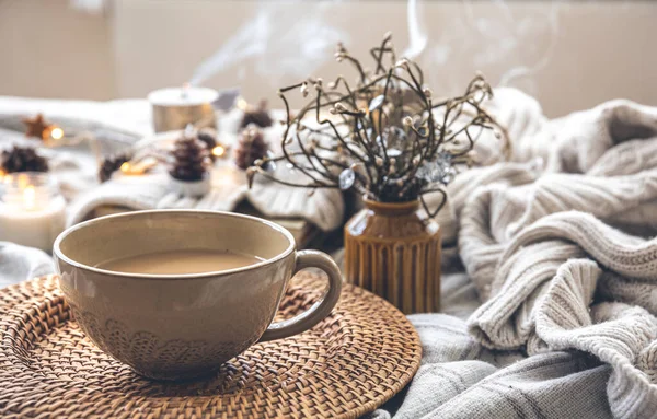Cozy Autumn Composition Large Cup Coffee Cute Decor Details Bed — Fotografia de Stock