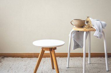 Minimalistic home still life with decor details in the interior of the room, copy space.