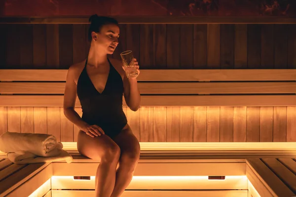 Attractive Young Woman Swimsuit Glass Water Sauna — Foto de Stock