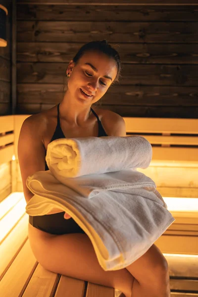 Woman Sauna Towels Her Hands Close —  Fotos de Stock