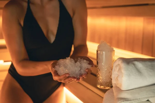 Woman Sauna Ice Glass Close — Stockfoto