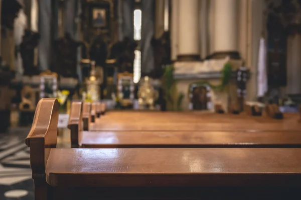 Interior Details Catholic Church Wooden Benches Blurred Background — Foto de Stock