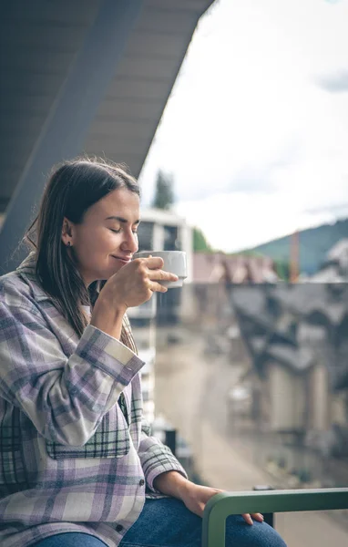 Woman Drinking Coffee Balcony Morning Copy Space — Stockfoto