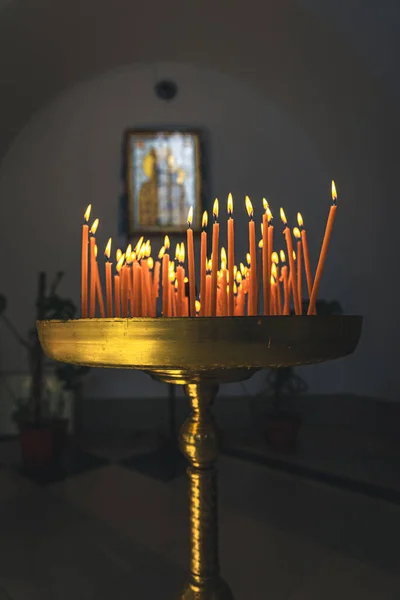 Close Candles Temple Blurred Background Concept Religion Faith — Stock Photo, Image